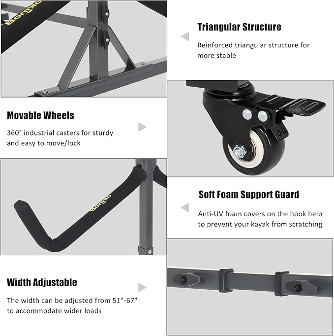 Bonnlo Kayak Stand Freestanding Storage Rack for Kayak Canoe Boat Paddle Board SUP Surfboard for Indoor Outdoor Garage, Shed, Dock with Lockable Wheels Wide Adjustable