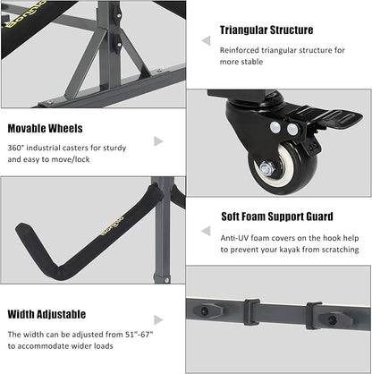 Bonnlo Kayak Stand Freestanding Storage Rack for Kayak Canoe Boat Paddle Board SUP Surfboard for Indoor Outdoor Garage, Shed, Dock with Lockable Wheels Wide Adjustable