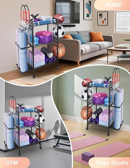 Yoga Mat Storage Rack, Home Gym Organizer Rack Yoga Mat Holder, Workout Storage for Yoga Mat, Gym Equipment Storage Cart with Wheels and Hooks for Home Exercise and Fitness Gear
