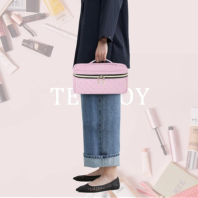 Teamoy Travel Makeup Brush Case, Makeup Train Organizer Bag with Handle for Makeup Brushes(up to 9-inch) and Essentials, Medium, Pink(BAG ONLY)