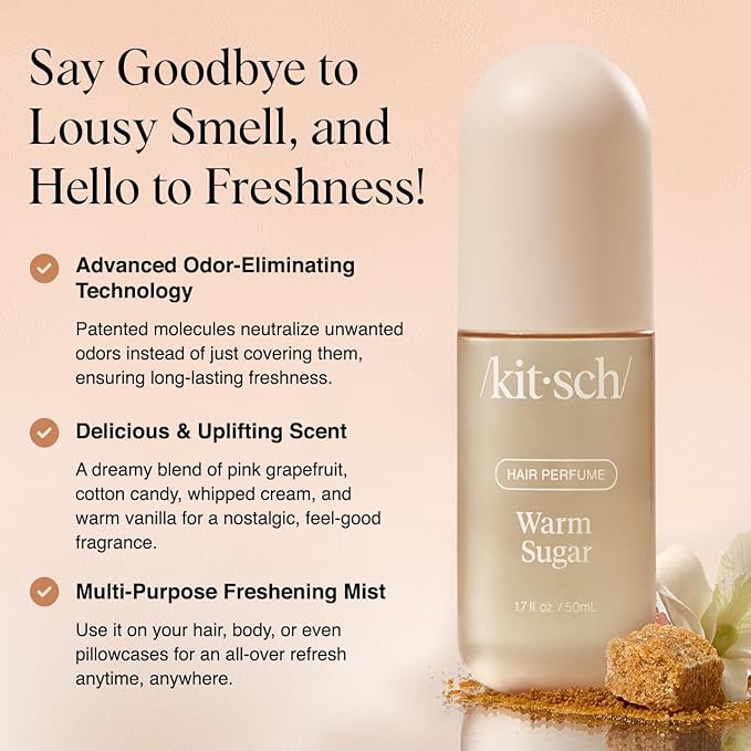 Kitsch Warm Sugar Hair Perfume For Women - Clean, Deodorizing, and Patented Odor-Eliminating Technology, Body Mist - Freshen Hair, Body & Pillows - Sweet Pink Grapefruit & Warm Vanilla Scent - 50ml