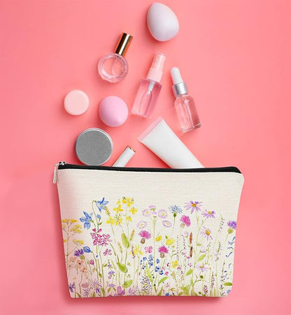 Cottagecore Watercolor Wildflowers Colorful Meadow Flowers Makeup Bag,Colorful Floral Cosmetic Bag Best Gift Idea for Flower Lovers Girls Women Mom,Birthday Mother's Day Gifts for Mom