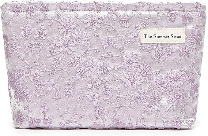 The Summer Swan | Floral Cosmetic Bag｜Large Aesthetic Personal Item Bag | Preppy Travel Makeup Pouch | Skincare Bag (Embroidery Light Purple)