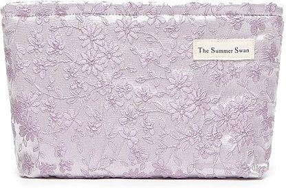 The Summer Swan | Floral Cosmetic Bag｜Large Aesthetic Personal Item Bag | Preppy Travel Makeup Pouch | Skincare Bag (Embroidery Light Purple)