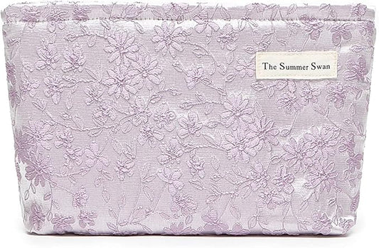 The Summer Swan | Floral Cosmetic Bag｜Large Aesthetic Personal Item Bag | Preppy Travel Makeup Pouch | Skincare Bag (Embroidery Light Purple)
