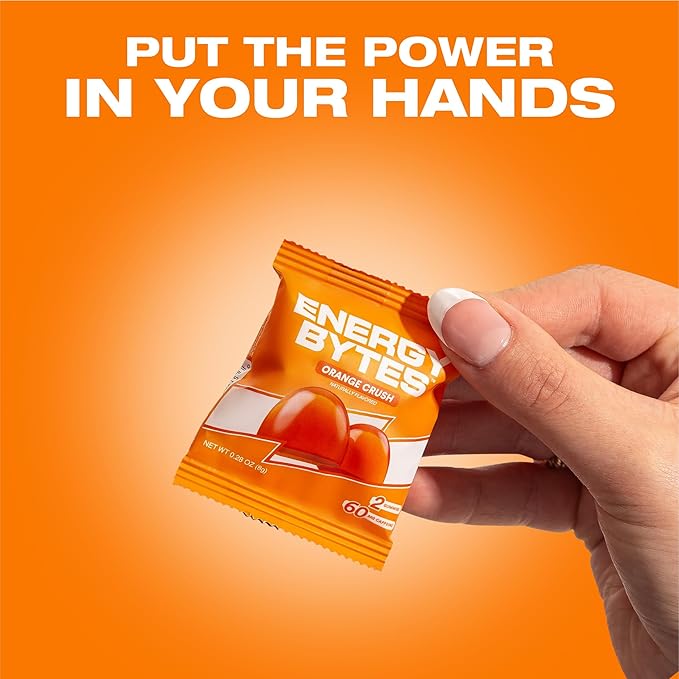 Energy Bytes Caffeine Gummies | Instant Energy Chews for Running, Cycling and Sports Performance | Vegan, Low Sugar | Orange Crush (12-Pack)