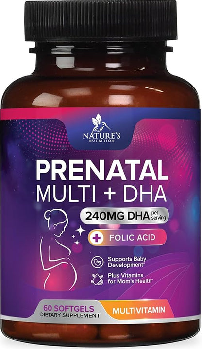 Women's Prenatal Multivitamin with Folic Acid + DHA, Prenatal Vitamin Supplement for Fetal Support w/Folate, Omega 3, Vitamins D3, B6, B12 & Iron, Pregnancy Prenatal DHA, Non-GMO - 60 Softgels