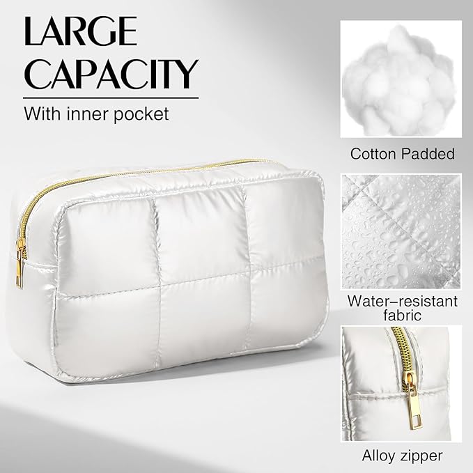 Hillban Puffy Quilted Makeup Bag Quilted Cosmetic Bag Cute Puffer Toiletry Checkered Pouch Aesthetic Travel Makeup Brushes Organizer(White,Elegant)