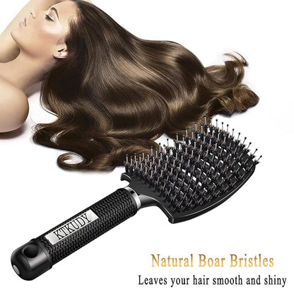 KTKUDY Detangling Brush Boar Bristles Hairbrush Make Hair Shiny & Healthier Curved and Vented Detangler Brush for Women Men Kids Wet & Dry Hair (Black)