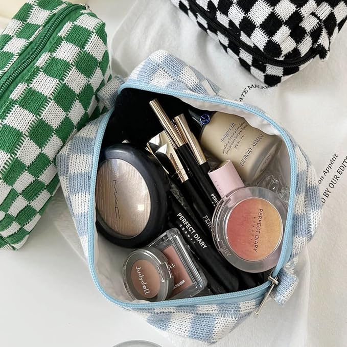 SxoSyo 2 Pcs Cosmetic Bags for Women Makeup Bag Purse Travel Toiletry Zipper Storage Pouch Make up Brushes Organizer for Gifts (Checkered, Blue 2)