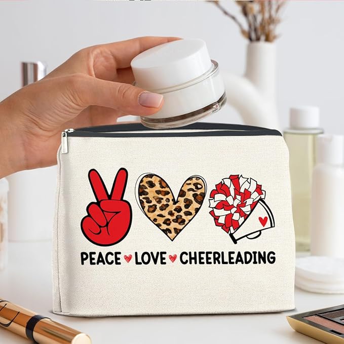 Cheerleading Gifts Makeup Bag Funny Team Gifts for Women Friends Girl Cosmetic Bag Peace Love Zipper Makeup Pouch Gift