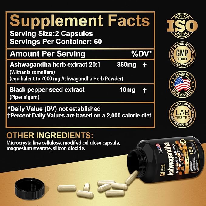 Organic Ashwagandha Capsules Supplement - 7000mg Herb Powder Equivalent per Serving - Stress Relief, Immune Support, Hormone Balance - Enhanced Nutrient Absorption - 120 Capsules (60 Servings)