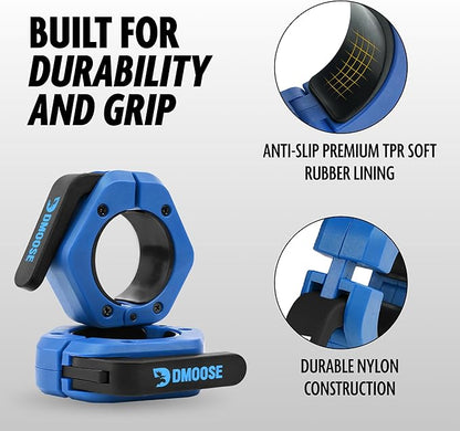 DMoose Fitness Barbell Clips 2" (Pair) - Quick Release Olympic Barbell Clamps & Collars with Anti Slip TPR Lining for Secure Weightlifting & Powerlifting - Weight Clips for Bars at Home or Gym