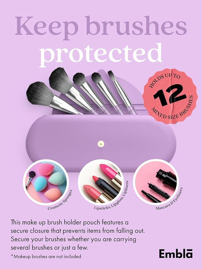 Embla Makeup Brush Holder Travel Cosmetic Case Pouch, Soft Silicone Cosmetic Bag Make Up Brushes Holder with Secure Snap Closure, Travel Makeup Brush Case, Grape