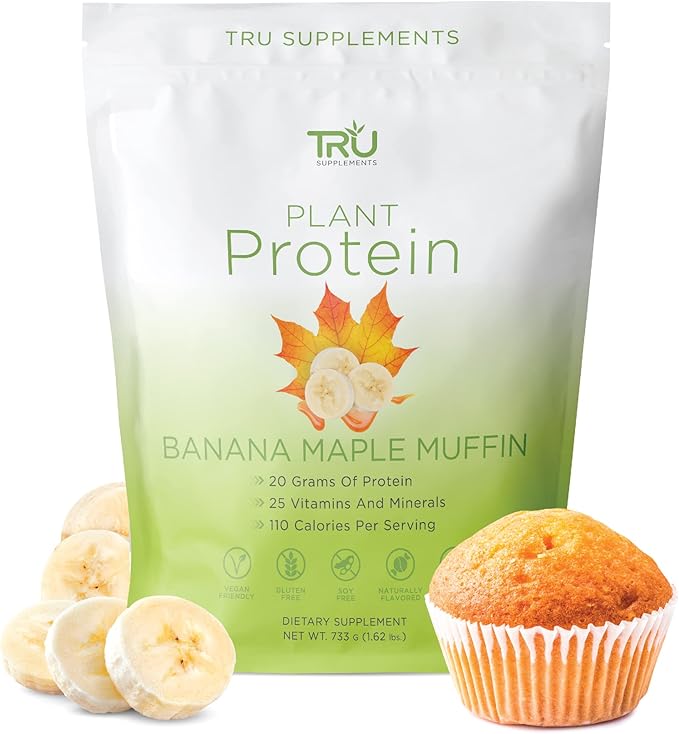 TRU Plant Based Protein Powder, BCAA, EAA, 20g Vegan Protein, 100 Calories, 27 Vitamins, No Artificial Flavors 25 Servings (Banana Maple Muffin)