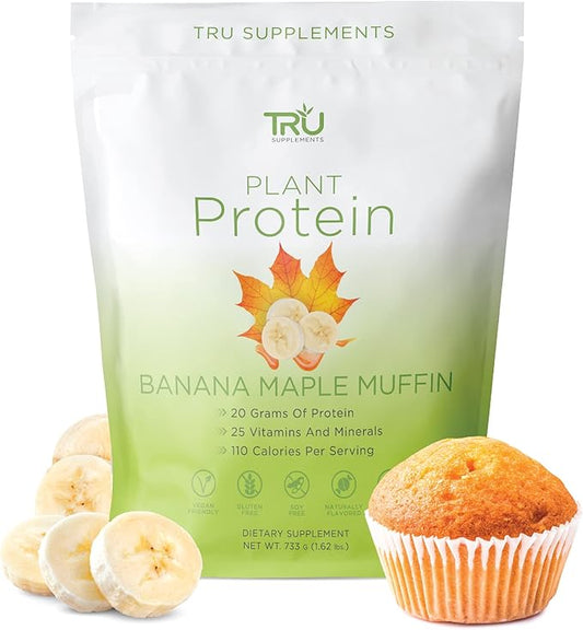 TRU Plant Based Protein Powder, BCAA, EAA, 20g Vegan Protein, 100 Calories, 27 Vitamins, No Artificial Flavors 25 Servings (Banana Maple Muffin)