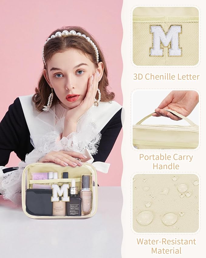 Wandering Nature Clear Makeup Bags 2 Pack Personalized Initial Makeup Pouch Preppy Small Cosmetic Pouch Organizer Travel Toiletry Bag, Birthday Gifts for Girlfriend Women