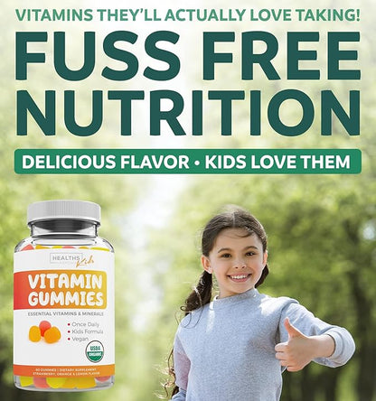 USDA Organic Kids Vitamin Gummies (Non-GMO) Yummy Natural Fruit Flavors - Complete Kids Multivitamin Gummies: Vitamin C, D, B, A, Zinc - Supplement for Energy, Mood, Immune Support - 60 Gummy Vitamins