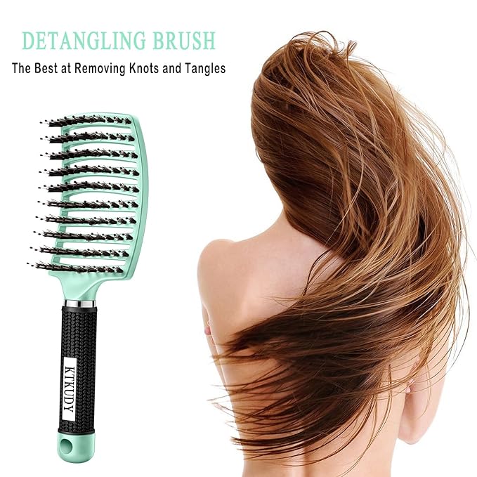 KTKUDY Detangling Brush Boar Bristles Hair Brush Make Hair Shiny & Healthier Curved and Vented Detangler Brush for Women Men Kids Wet and Dry Hair (Turquoise)