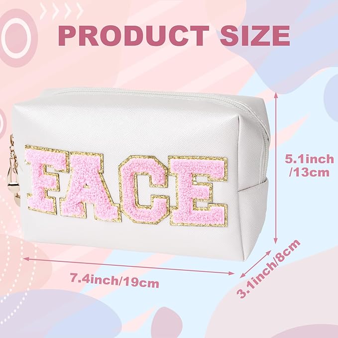 Face Bag Preppy Travel Makeup Bag Organizer Patch Large Varsity Stoney Clover Chenille Letter Cosmetic Toiletry Nylon Cute Preppy Bags PU Leather Waterproof Portable Pouch Storage Purse