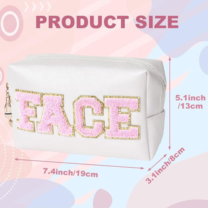 Face Bag Preppy Travel Makeup Bag Organizer Patch Large Varsity Stoney Clover Chenille Letter Cosmetic Toiletry Nylon Cute Preppy Bags PU Leather Waterproof Portable Pouch Storage Purse