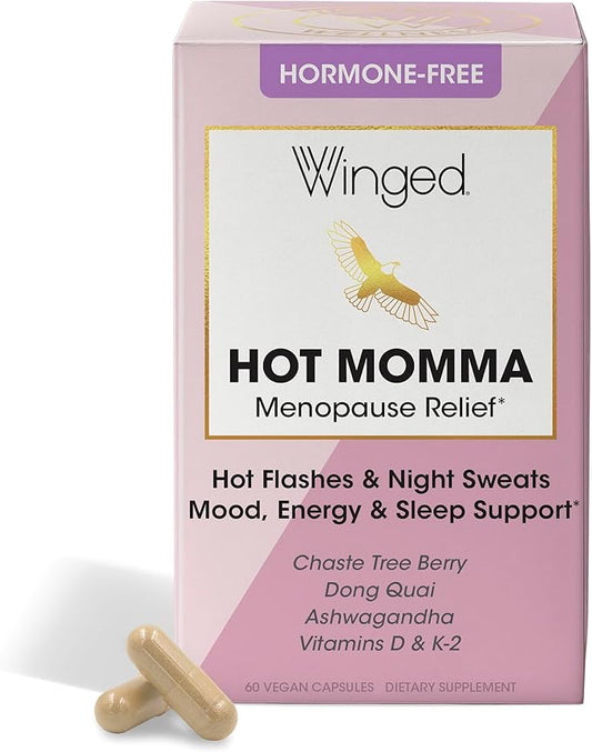 Winged Wellness Hot Momma | Menopause Capsules for Women | Hormone Balance, Hot Flashes, Night Sweats, Sleep, Mood & Bone Health | Chaste Tree, Dong Quai, Black Cohosh, Vitamins D & K-2 | 60ct