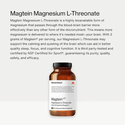 Momentous Magtein Magnesium L-Threonate 145mg - Magnesium Threonate Supplement for Cognitive Function & Rest Support - Magnesium L Threonate Capsules, 30 Servings (Package May Vary)