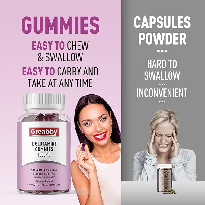 L Glutamine 1000mg Gummies - Muscle Relief & Immune Support, Amino Acid Supplement with Magnesium Glycinate, Vegan & Non-GMO, Gluten Free (120 Count)