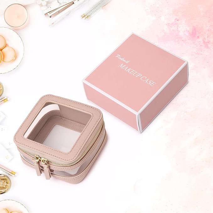 Small Makeup Bag Clear Mini Cosmetic Makeup Case & Toiletry Bag with Zipper Women's Purse Organizer & Car Essentials (Pink, MINI-2)