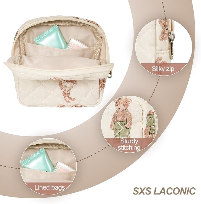 Small Makeup Bag for Purse,Quilted Cosmetic Pouch, Mini Make up Bags with Compartments Inside, Cute Cosmetic Organizer for Women, Travel Toiletry Bag