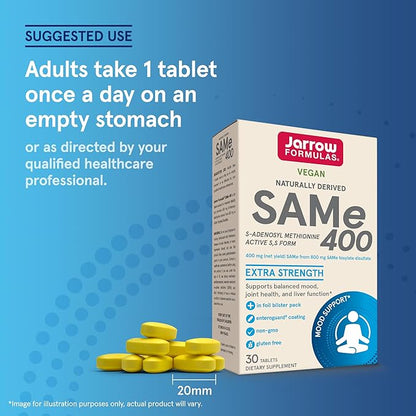 Jarrow Formulas SAMe 400 mg, Supports Joint Health, Liver Function, Brain Metabolism, 30 Tablets, Up To a 30 Day Supply