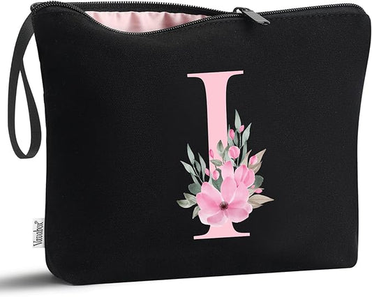 Vavabox A-Z Personalized Makeup Bag, Birthday Gifts for Women Mom, Gifts for Best Friend, Bride Bridesmaid Cosmetic bag (I, Black)