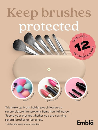 Embla Makeup Brush Holder Travel Cosmetic Case Pouch, Soft Silicone Cosmetic Bag Make Up Brushes Holder with Secure Snap Closure, Travel Makeup Brush Case, Sand