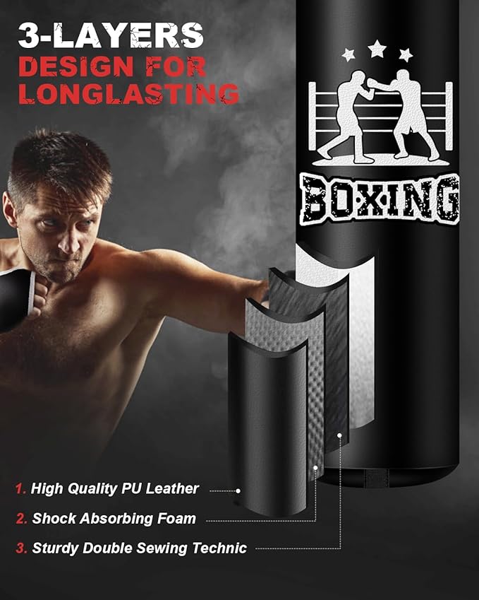 Punching Bag for Adults, 4FT PU Heavy Boxing Bags with Chain Ceiling Hook, Hanging Boxing Bag for Kickboxing Muay Thai Karate Judo Taekwondo Home Gym Training, Unfilled