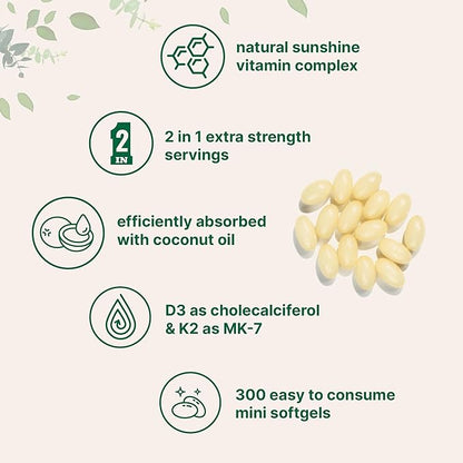 Micro Ingredients Vitamin D3 10,000 IU + K2 MK-7 200 mcg, 300 Softgels | Virgin Coconut Oil | 2-in-1 Bone, Immune & Heart Support | Easy to Swallow, Non-GMO