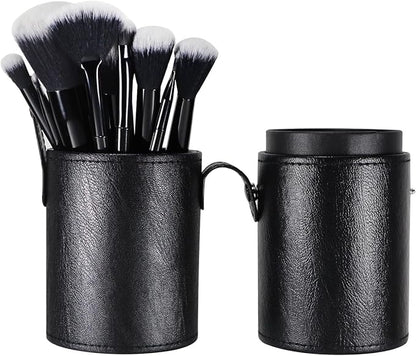 Portable Makeup Brush Case,Pu Leather Makeup Brush Holder with Button,Travel Cup Storage Dustproof Makeup Cosmetic Bags for Women (Black)