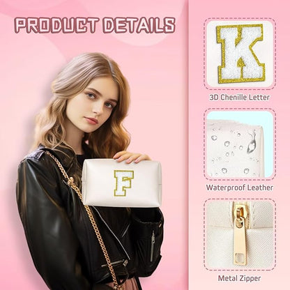 TOPEAST Initial Makeup Bag for Travel, Chenille Letter Pouch Cosmetic Bag, PU Leather Waterproof Toiletry Bag, Personalized Gifts for Bride Bridemaids, Cute Things for Girls (White Q)