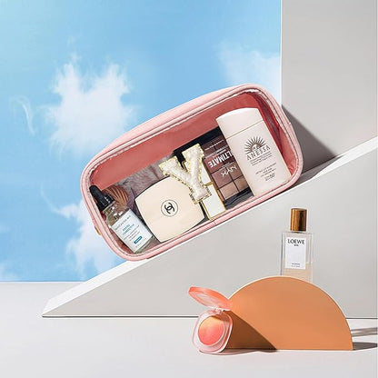 LETGO Initial Make Up Bag Travel Toiletry Organizer - Clear Cosmetic Bag - Pink Gift for Women, Teen, Girlfriend, Teacher, Mom, Birthday (Pink)