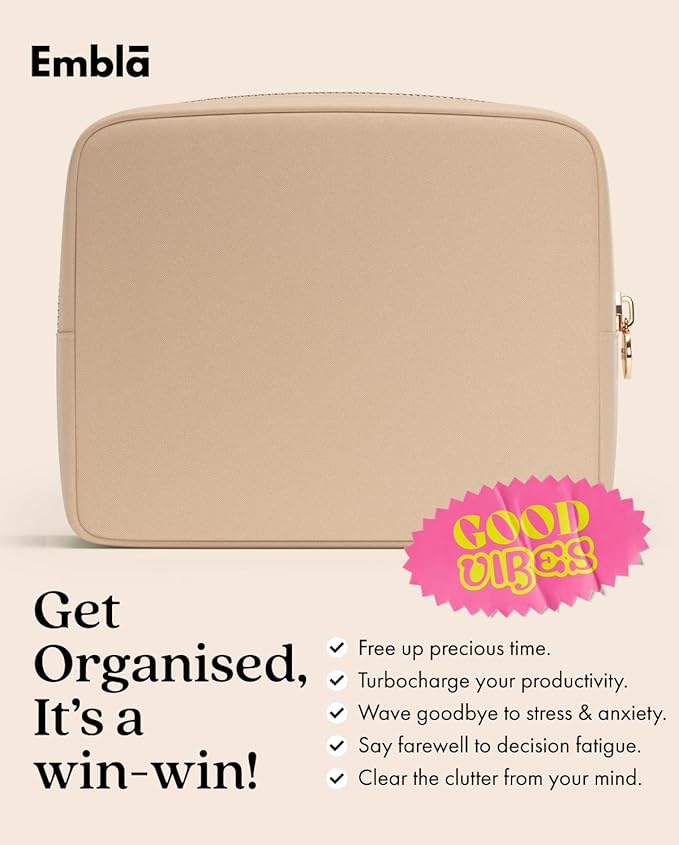 Embla Makeup Bag Travel Cosmetics Pouch and Toiletry Bag, Nylon Zipper Pouch Purse, Cute Make Up Organizer Storage Tote for Women Girls, Waterproof Travel Skincare Case, Large Makeup Bags, Honey Beige