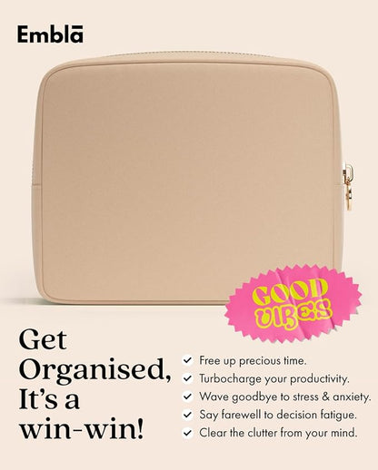 Embla Makeup Bag Travel Cosmetics Pouch and Toiletry Bag, Nylon Zipper Pouch Purse, Cute Make Up Organizer Storage Tote for Women Girls, Waterproof Travel Skincare Case, Large Makeup Bags, Honey Beige