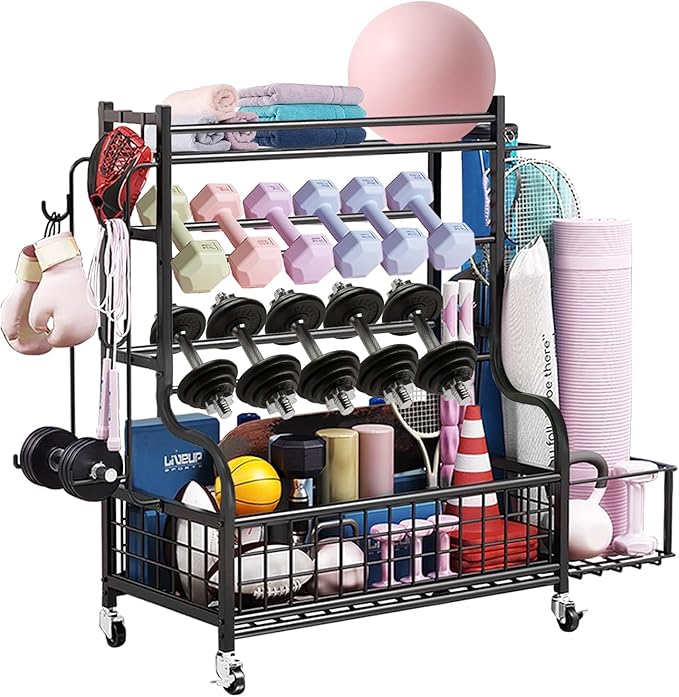 Dumbbell Rack, Weight Rack for Kettlebells, Heavy-Duty Home Gym Storage Rack for Yoga Mat and Workout Equipment, Storage Holder with Wheels, Hooks and Mesh Top