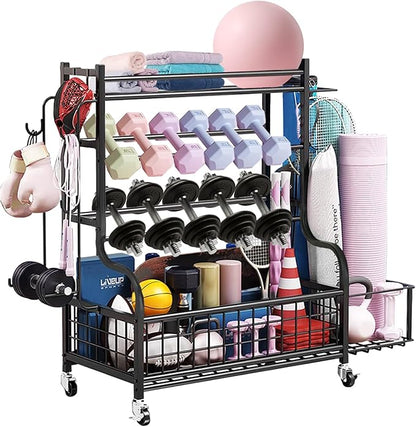 Dumbbell Rack, Weight Rack for Kettlebells, Heavy-Duty Home Gym Storage Rack for Yoga Mat and Workout Equipment, Storage Holder with Wheels, Hooks and Mesh Top