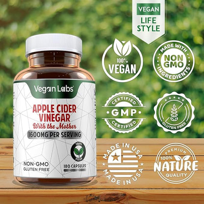 Vegan Labs Apple Cider Vinegar Capsules with The Mother- 180 Vegan Capsules, 1600MG Per Serving- 100% Natural ACV Pills- Supports Healthy Digestion, Keto, Weight Management, Detox, and Immune System