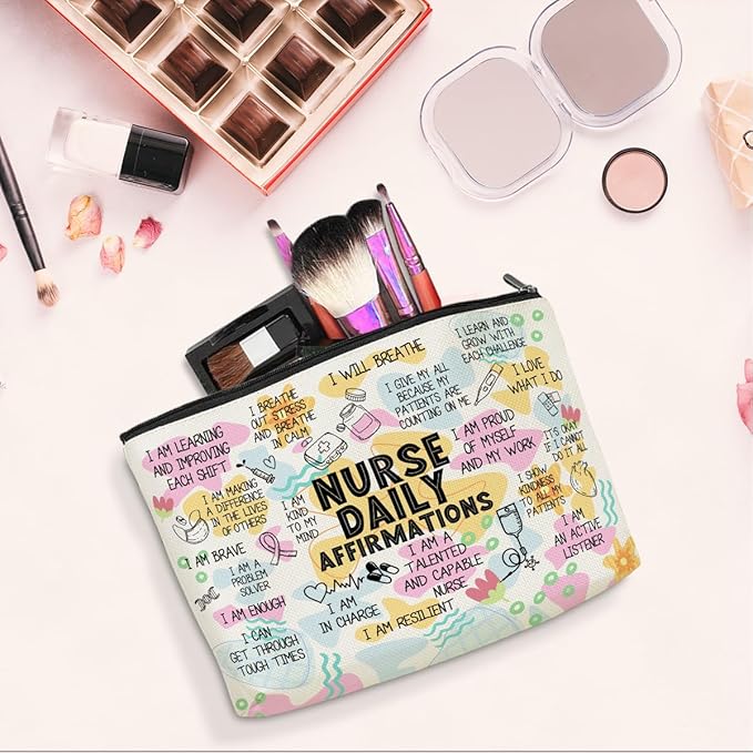 Daily Affirmations Makeup Bag Nurse Accessories for Work Nurse Gifts Nursing Student Essentials Inspirational Gifts for Women Female RN Nurse Coworker Birthday Friendship Nurse Day Travel Toiletry Bag