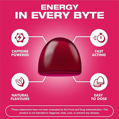 Energy Bytes Caffeine Gummies | Instant Energy Chews for Running, Cycling and Sports Performance | Vegan, Low Sugar | Cherry Charge (12-Pack)