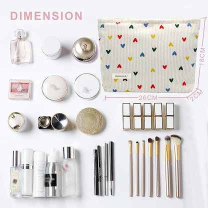 Corduroy Makeup Bag Cosmestic Bag Large Capacity Ladies Women Aesthetic Make Up Organizer Accessories Zipper Pouch Purse Beige Heart+Brown