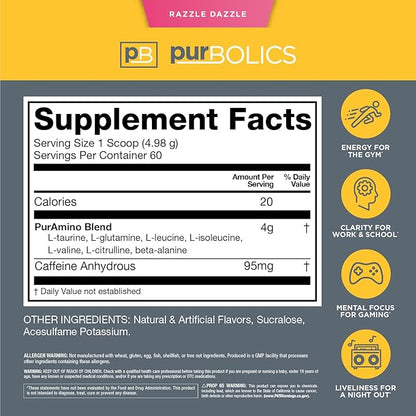 Aminos + Energy | Supports Recovery, Energy & Focus | 95mg of Caffeine, 0 Sugar & 60 Servings (Razzle Dazzle)
