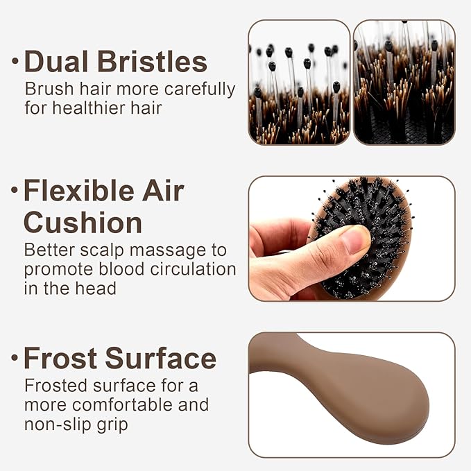 Mini Boar Bristles Hair Bursh, Travel Size Hair Brush for Women Men Kids, Protable Small Hair Brush for Pockets Purses, Mini Detangler Brush for Smooth Add Shine (1 Pack-Mocha)