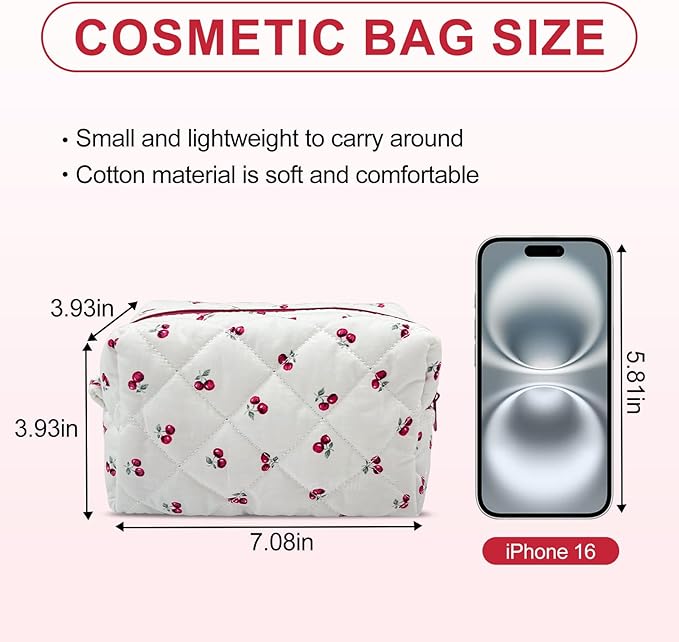 Quilted Makeup Bag,Small Travel Floral Cosmetic Bag Cute Pouch,Cotton Makeup Brushes Storage Bag for Women