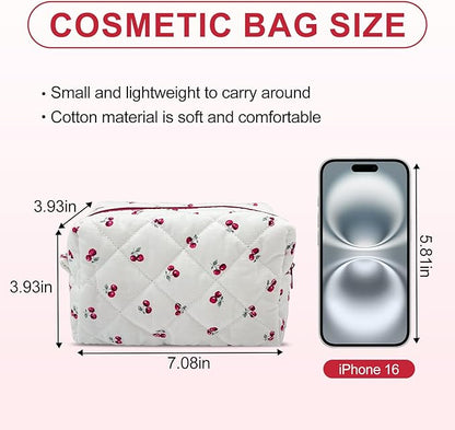 Quilted Makeup Bag,Small Travel Floral Cosmetic Bag Cute Pouch,Cotton Makeup Brushes Storage Bag for Women